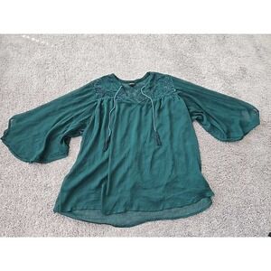 Torrid Blouse Womens 3 PLUS Green Long Sleeve Lace Chiffon Flowy‎ Sheer Boho